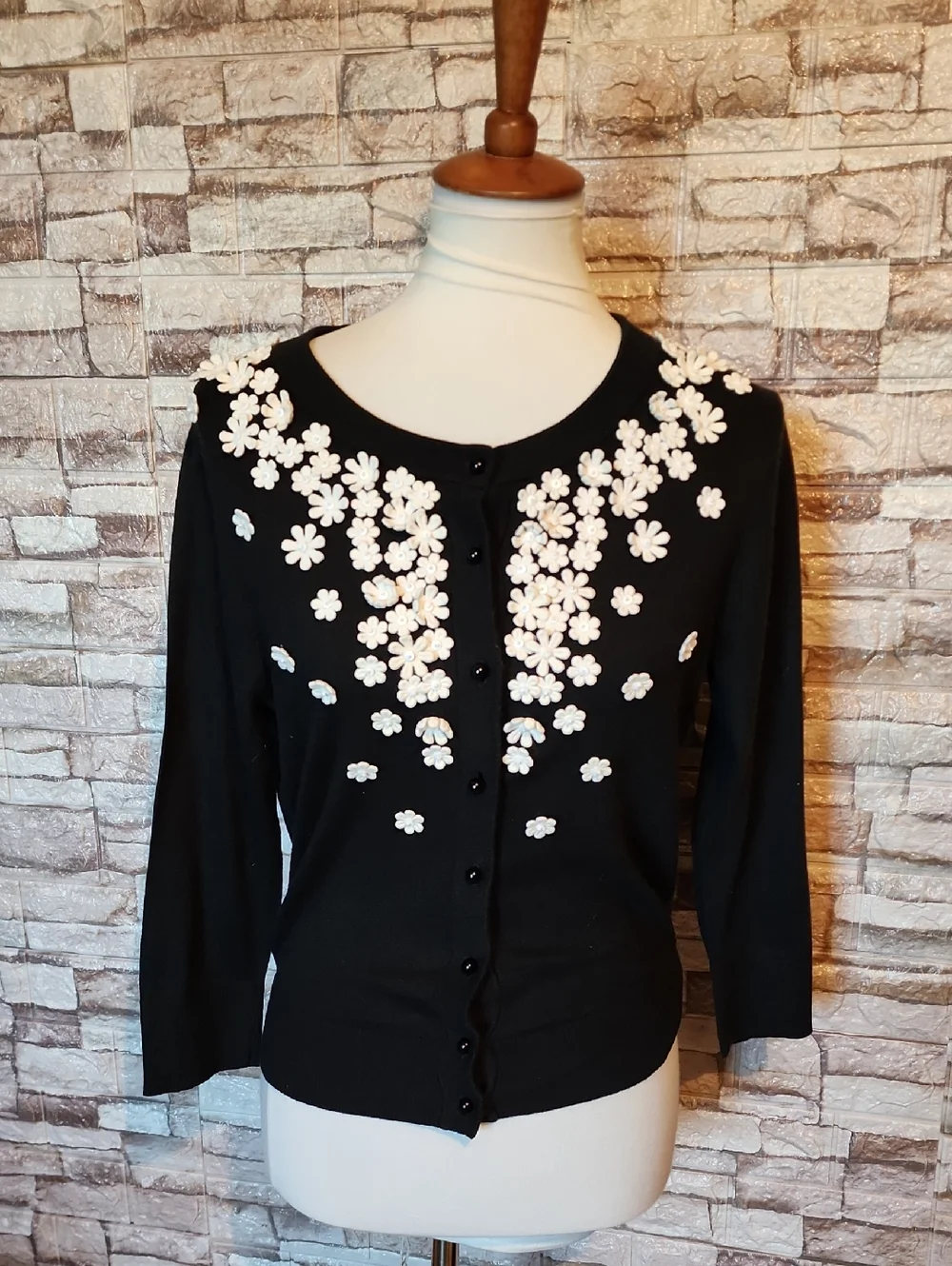 Kate Spade Black Floral Appliqué Button-Front Sweater